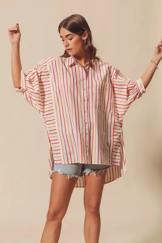 Pink Multicolored Stripe Button Down Shirt - Tigbul's Variety Fashion Shop