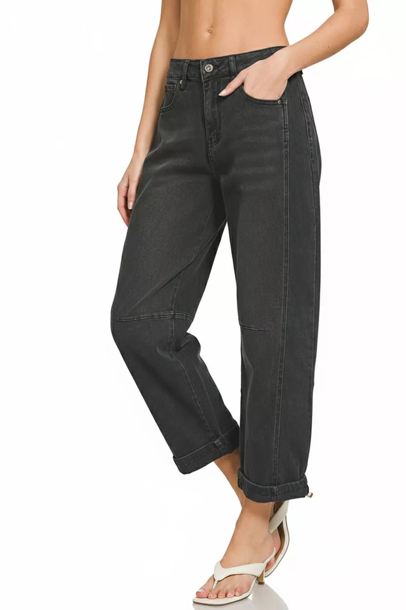 Black High Rise Barrel-Leg Cropped Jeans - Tigbul's Variety Fashion Shop