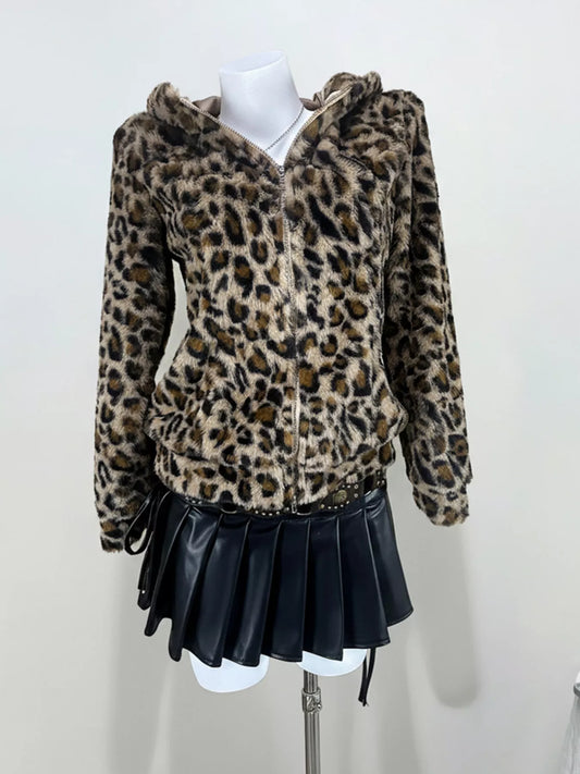 Leopard Plush Zip-Up Hooded Outerwear - Tigbul's Variety Fashion Shop