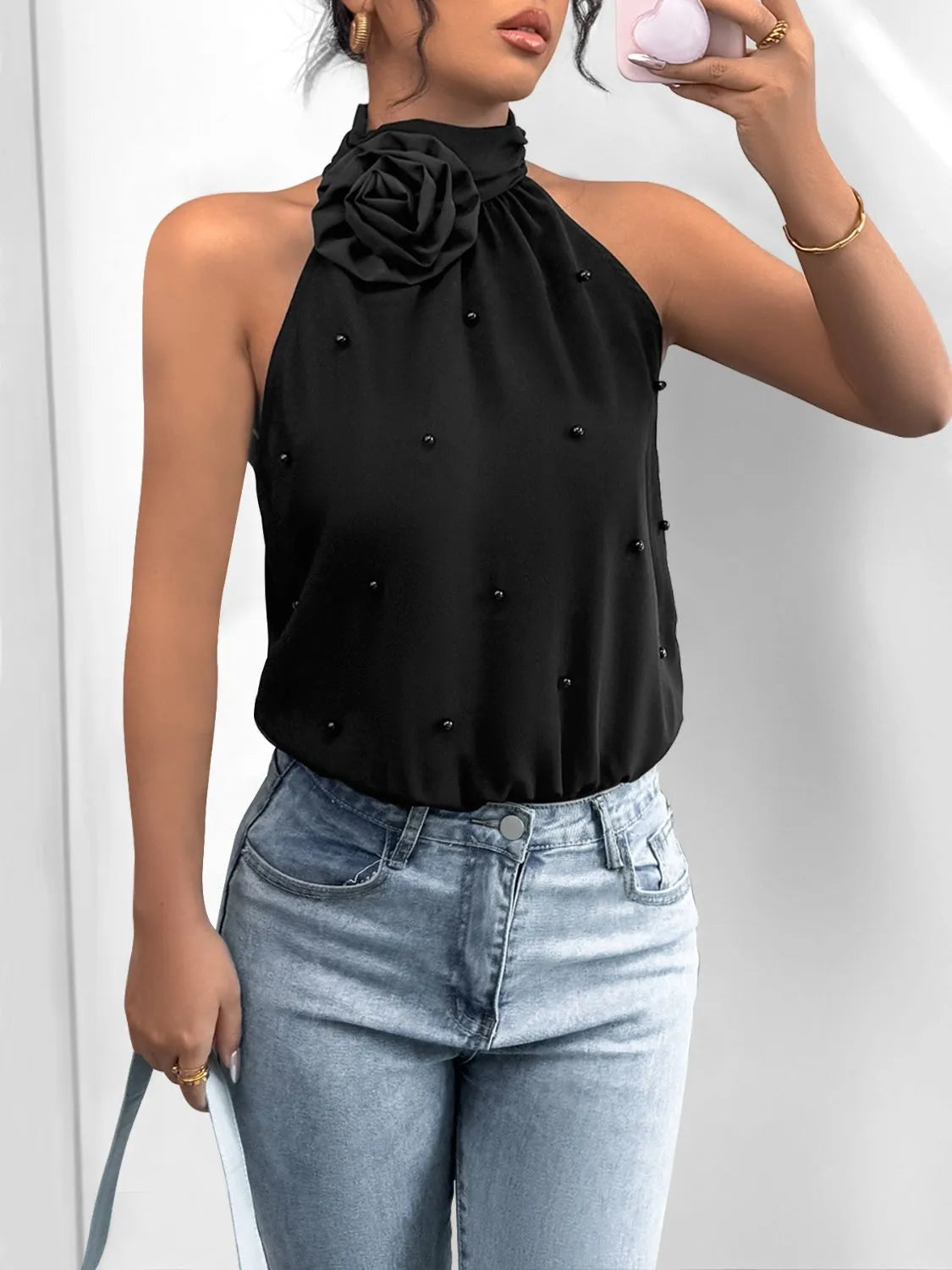 3D Flower Grecian Neck Bodysuit - Tigbul's Variety Fashion Shop