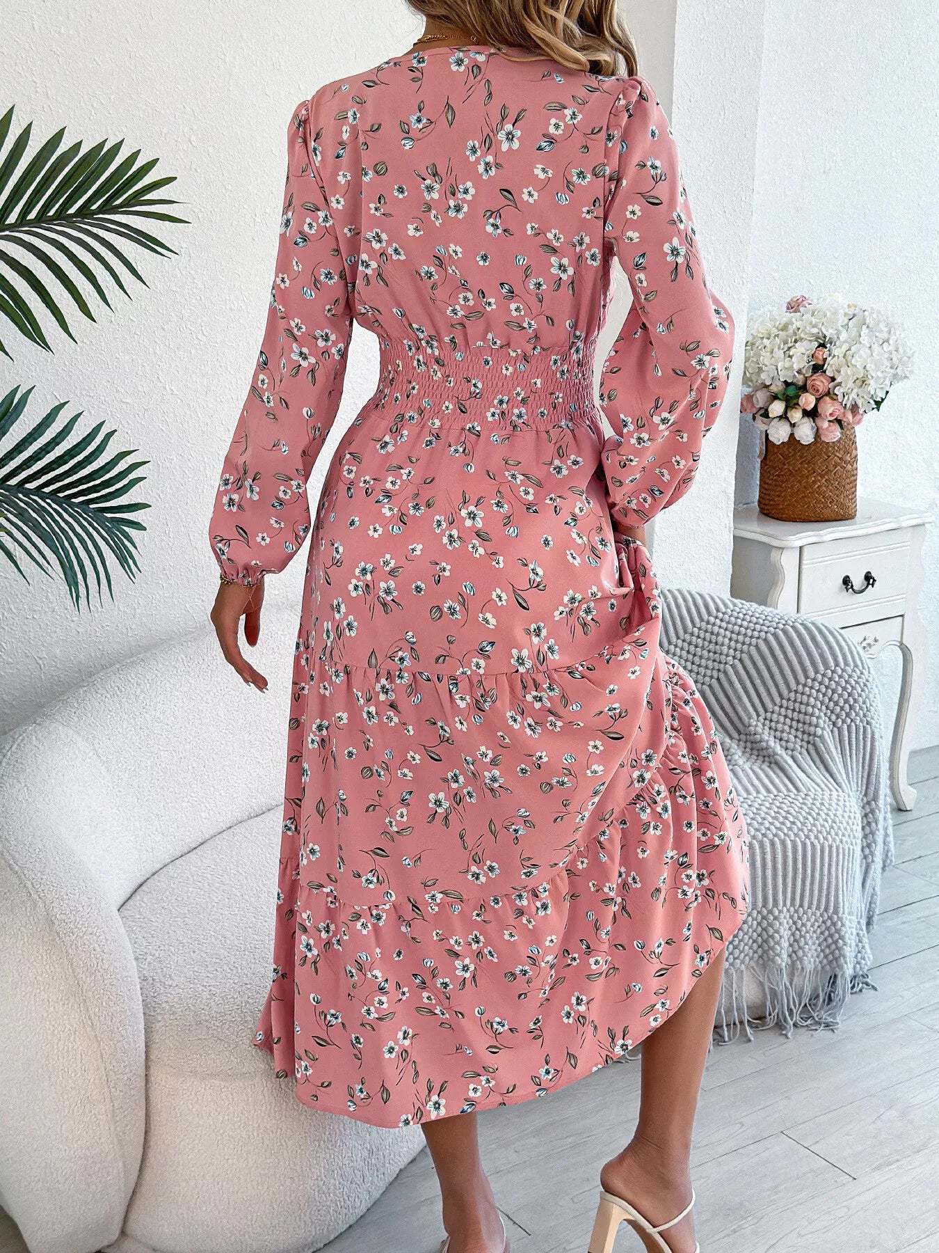 Floral Print Long Sleeve V-Neck Midi Dress - Tigbul's Variety Fashion Shop