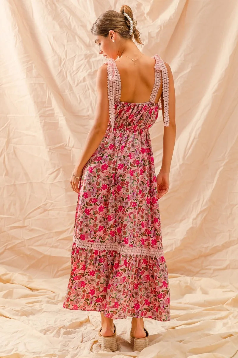 SO ME Floral Maxi Dress With Ribbon Tie Lace Strap - Tigbul's Variety Fashion Shop
