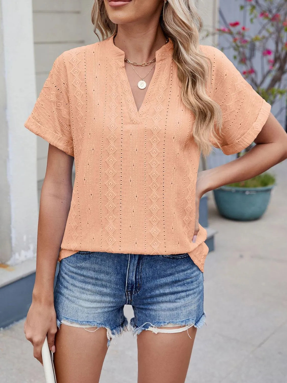 Eyelet Notched Short Sleeve Top - Tigbul's Variety Fashion Shop