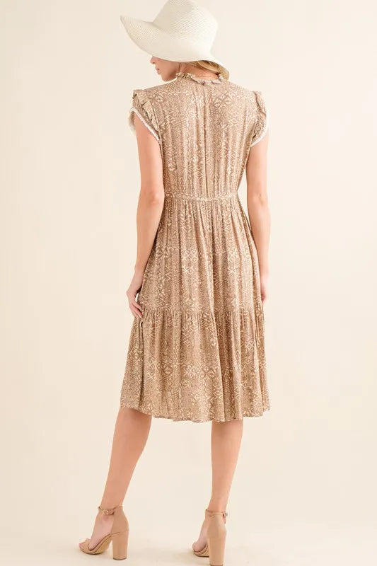 Boho Printed Tiered Taupe Maxi Dress - Tigbul's Variety Fashion Shop