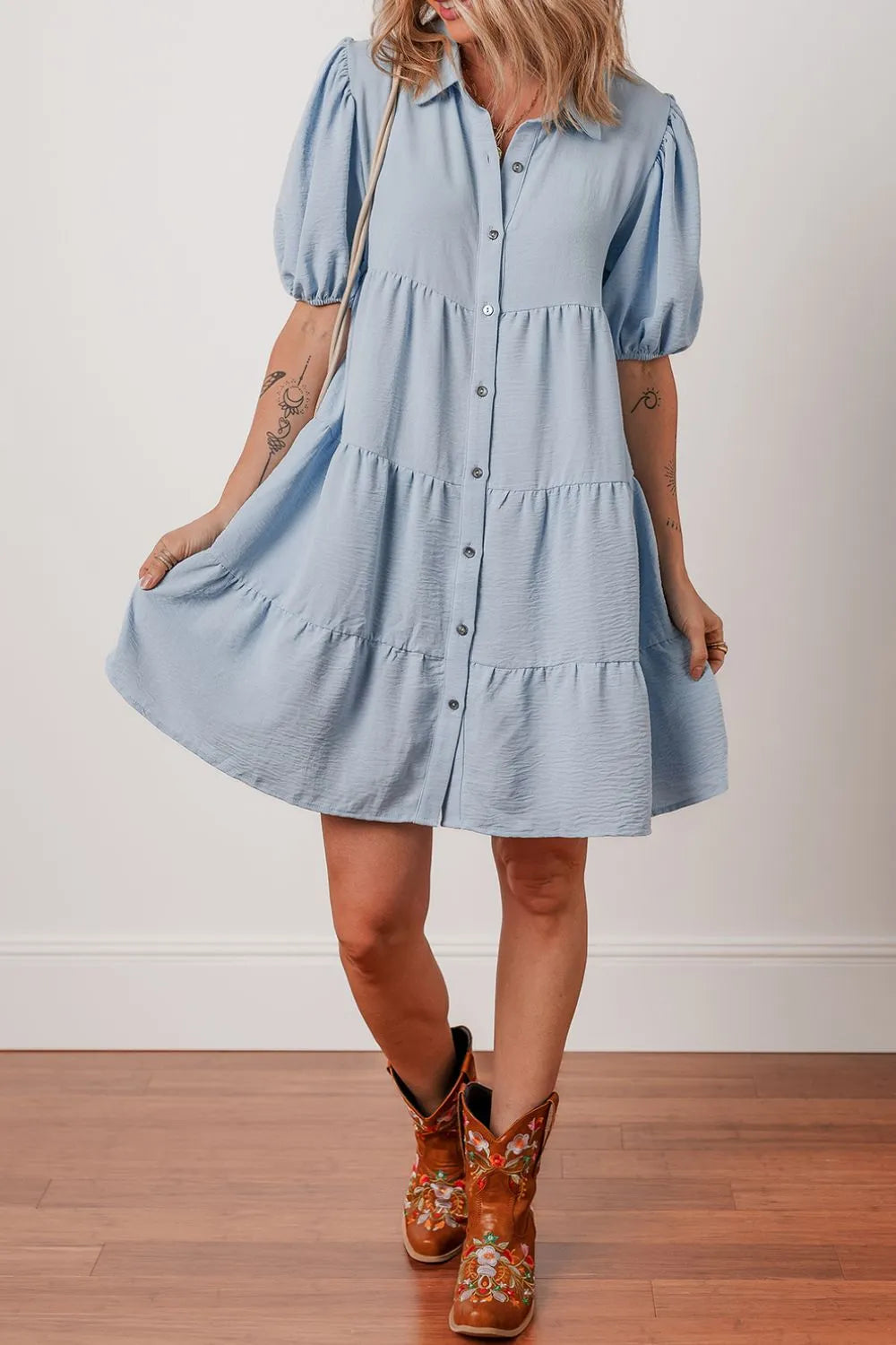 Button Up Puff Sleeve Tiered Shirt Dress - Tigbul's Variety Fashion Shop