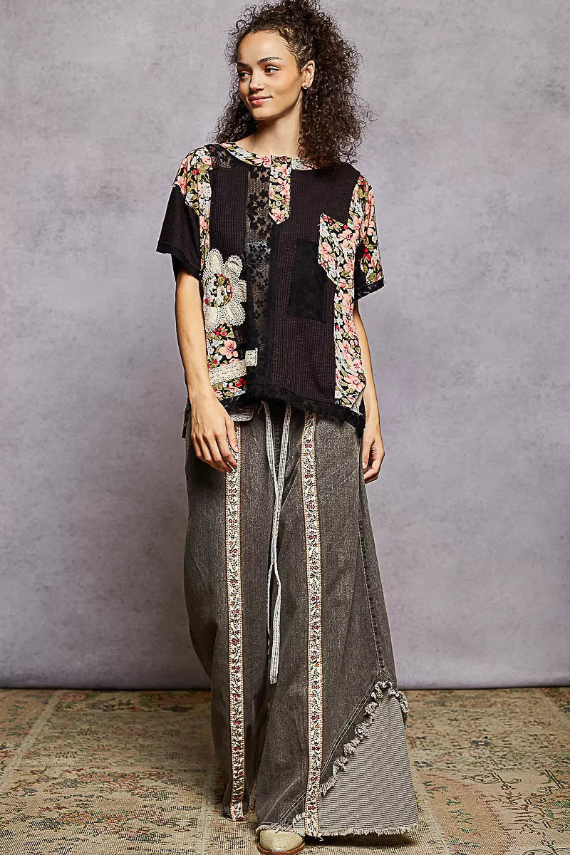 POL Lace Round Neck Short Sleeve Floral Pattern Top with Patch Detail - Tigbul's Variety Fashion Shop
