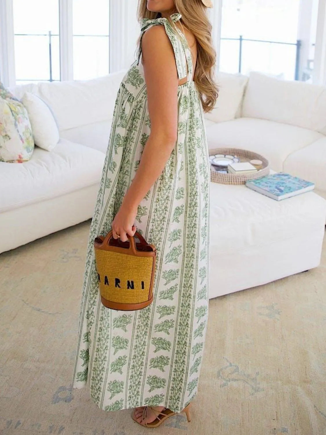 Light Green Printed Tie Shoulder Square Neck Midi Dress - Tigbul's Variety Fashion Shop