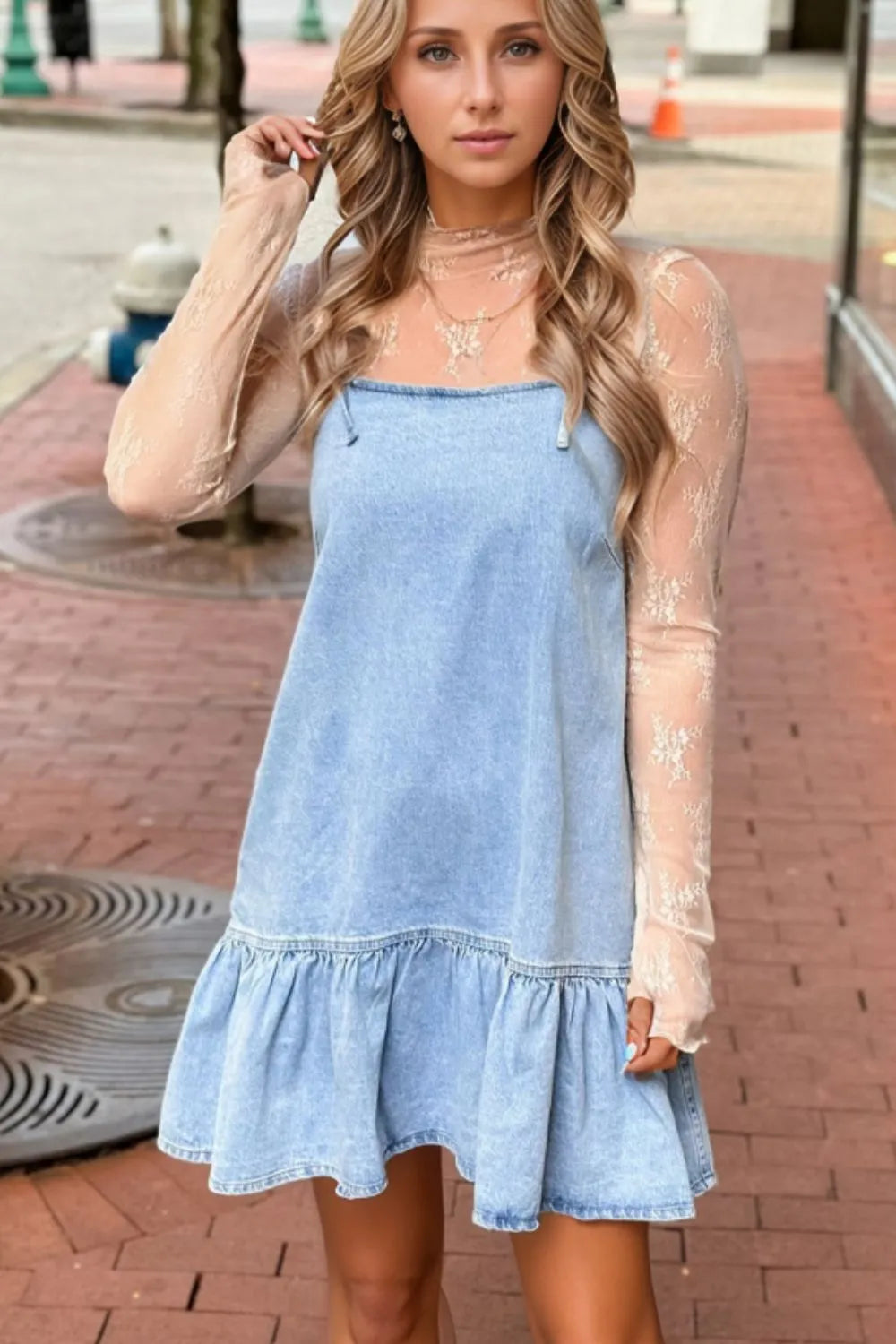 Bow Detail Spaghetti Straps Ruffle Hem Blue Denim Dress - Tigbul's Variety Fashion Shop