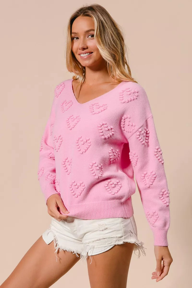 BiBi Valentines Heart Pompom V Neck Knit Top - Tigbul's Variety Fashion Shop