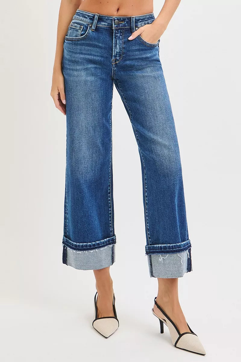 RISEN Mid Rise Ankle Straight Jeans with Cuffed Hem - Tigbul's Variety Fashion Shop