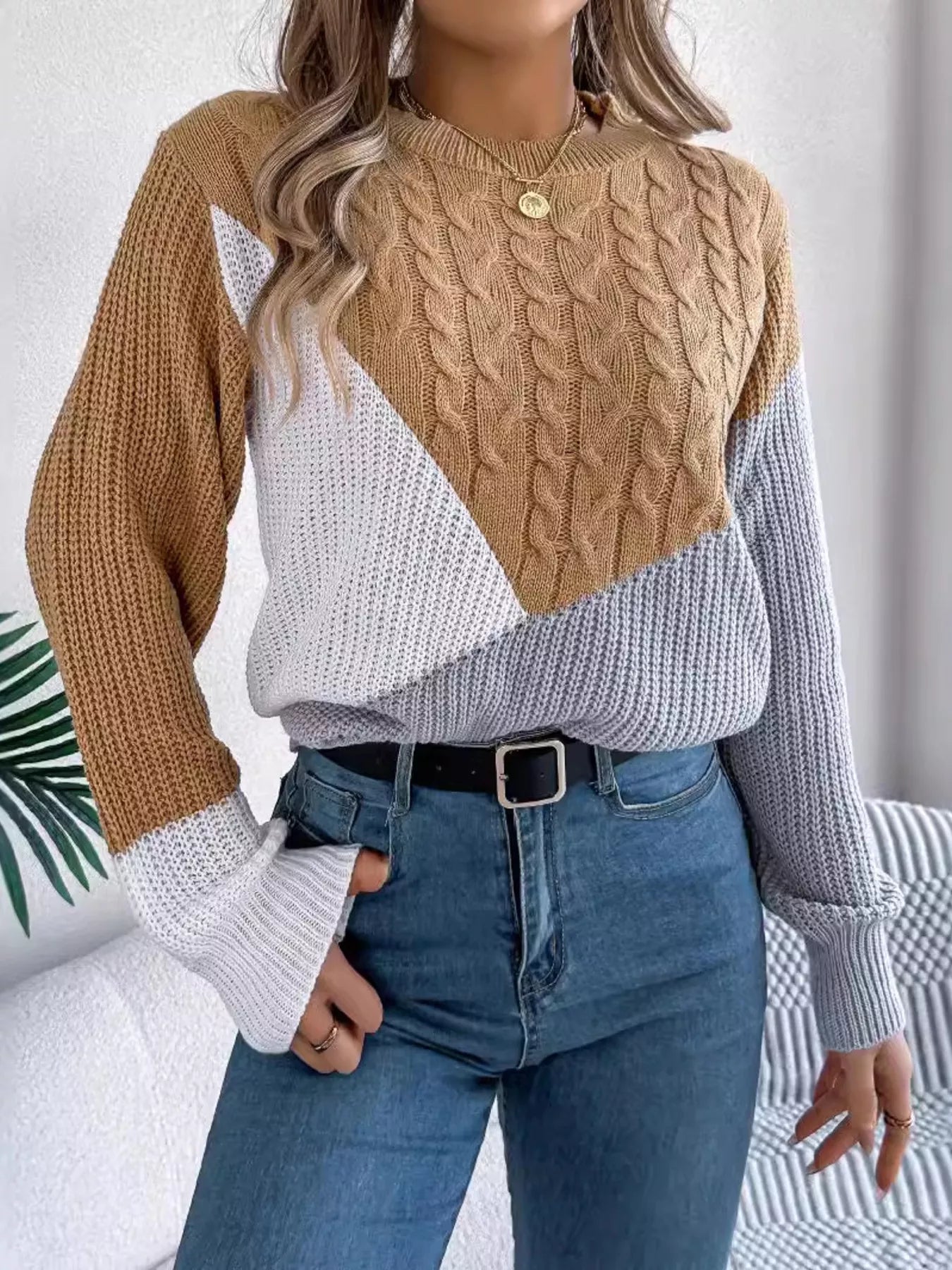 Color Block Cable Knit Long Sleeve Sweater - Tigbul's Variety Fashion Shop