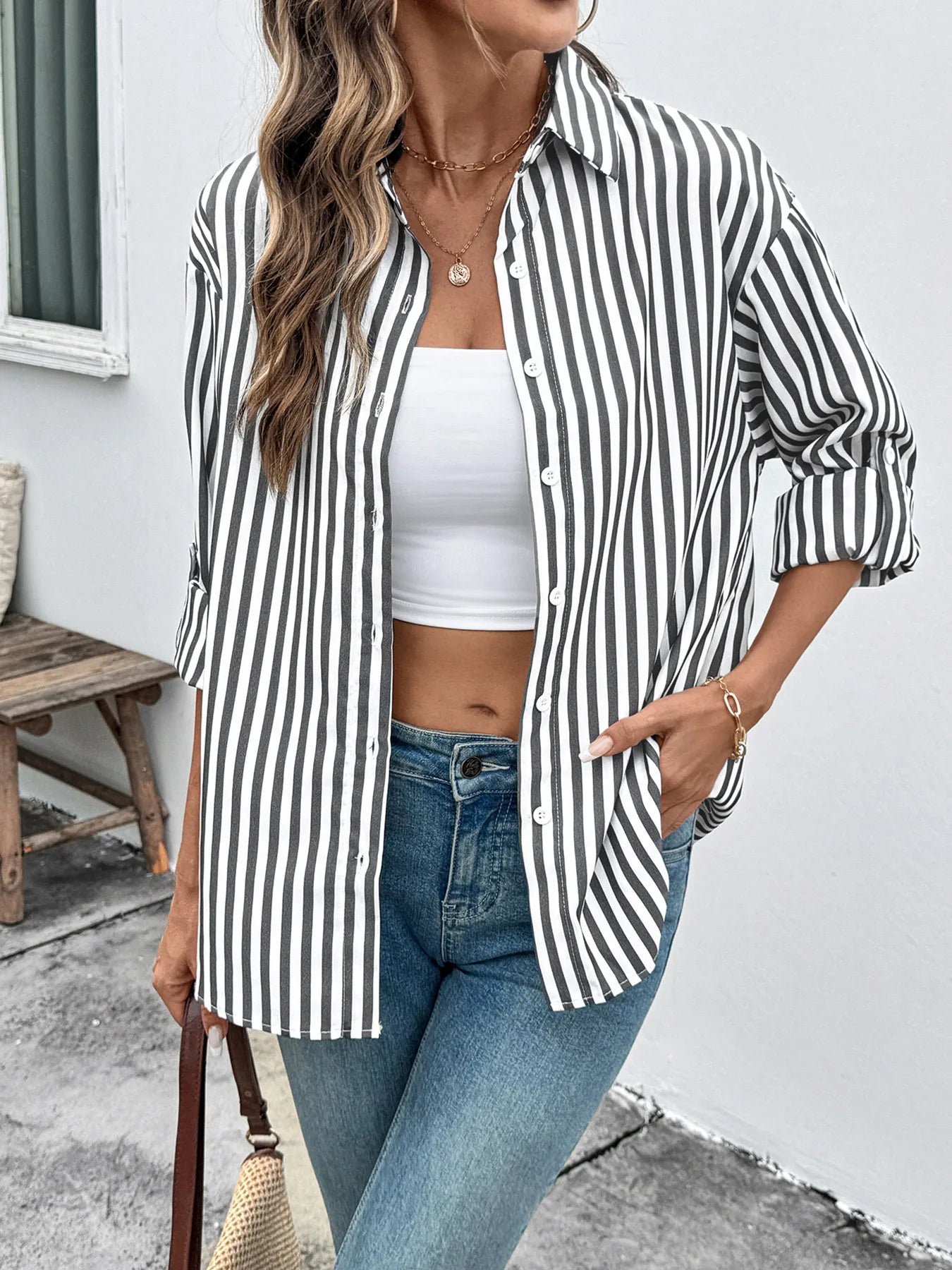 Striped Oversized Button-Up Shirt - Tigbul's Variety Fashion Shop