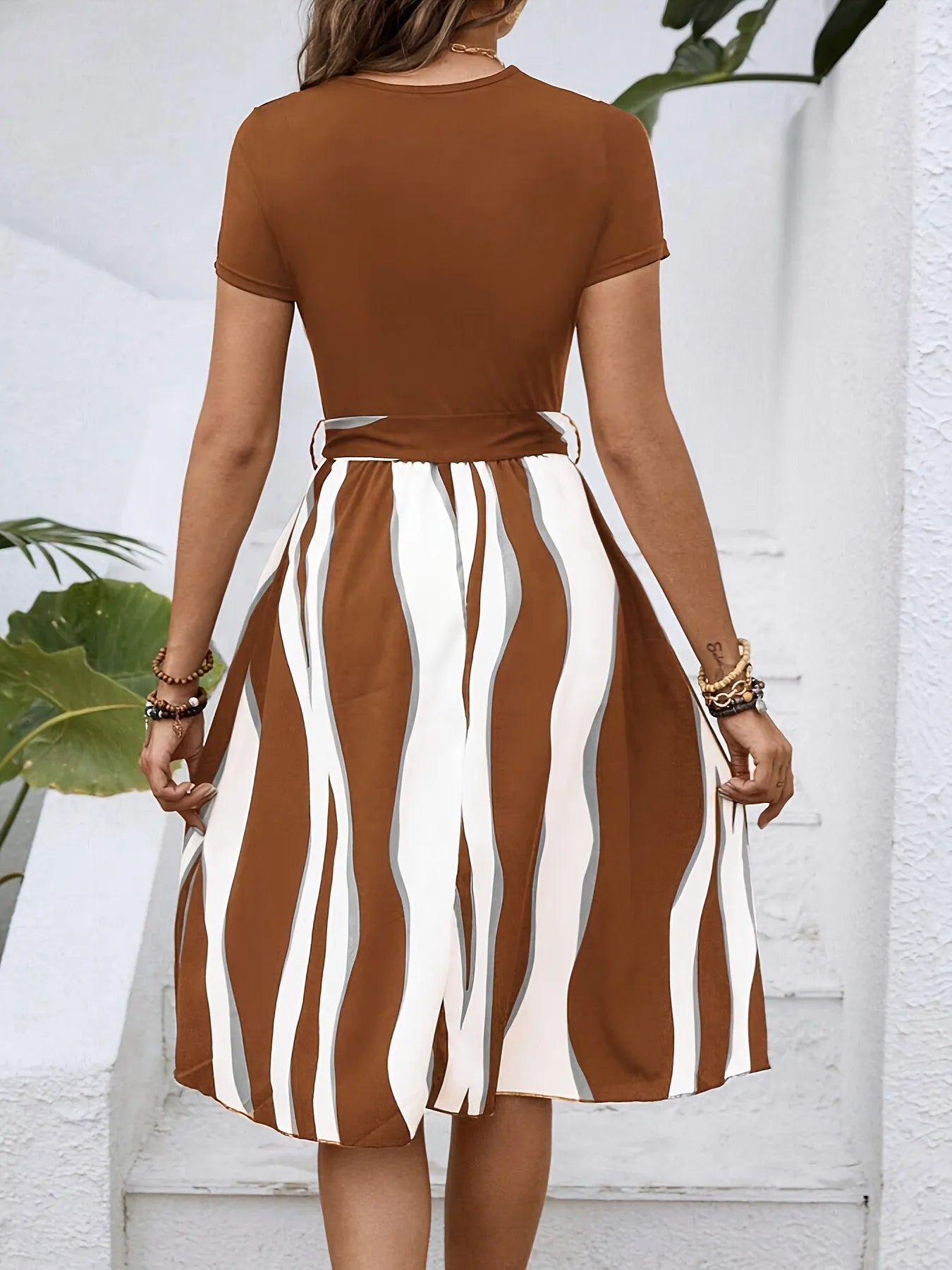 Striped Short Sleeve Tie Waist Dress - Tigbul's Variety Fashion Shop