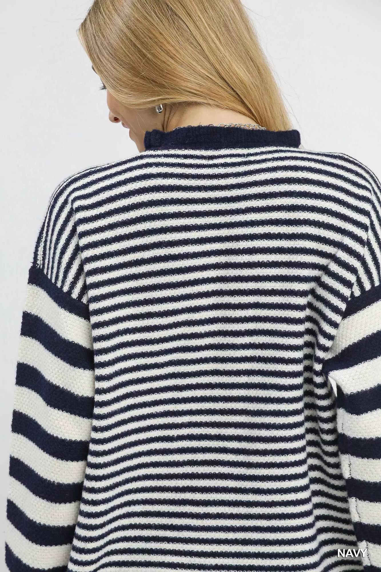 Umgee Ruffle Neck Stripe Sweater - Tigbul's Variety Fashion Shop
