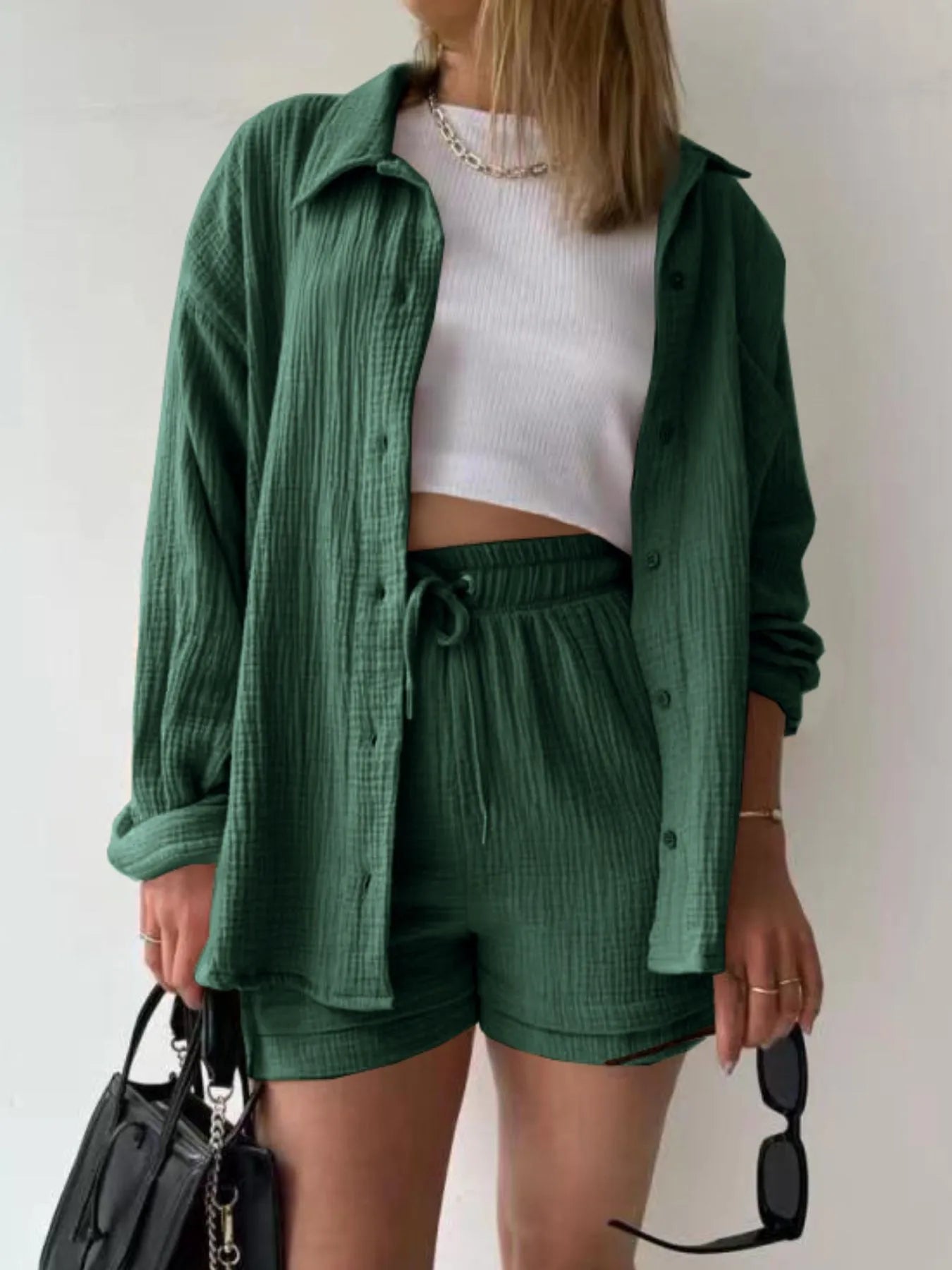 Textured Button Up Shirt and Shorts Set - Tigbul's Variety Fashion Shop