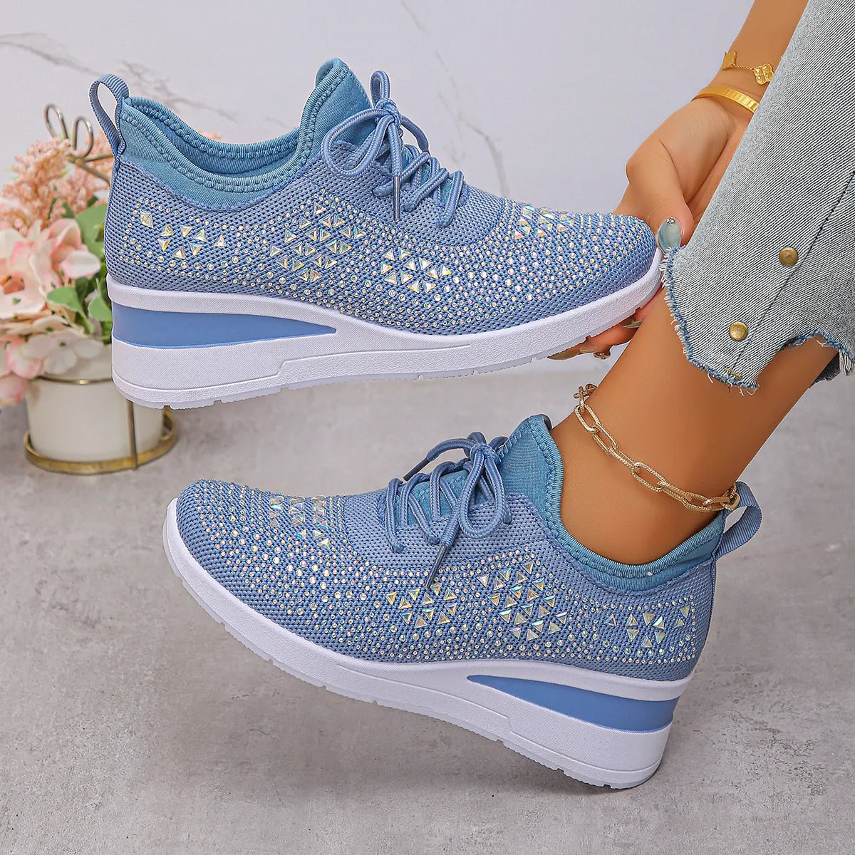 Breathable Mesh Rhinestone Wedge Athletic Sneakers - Tigbul's Variety Fashion Shop