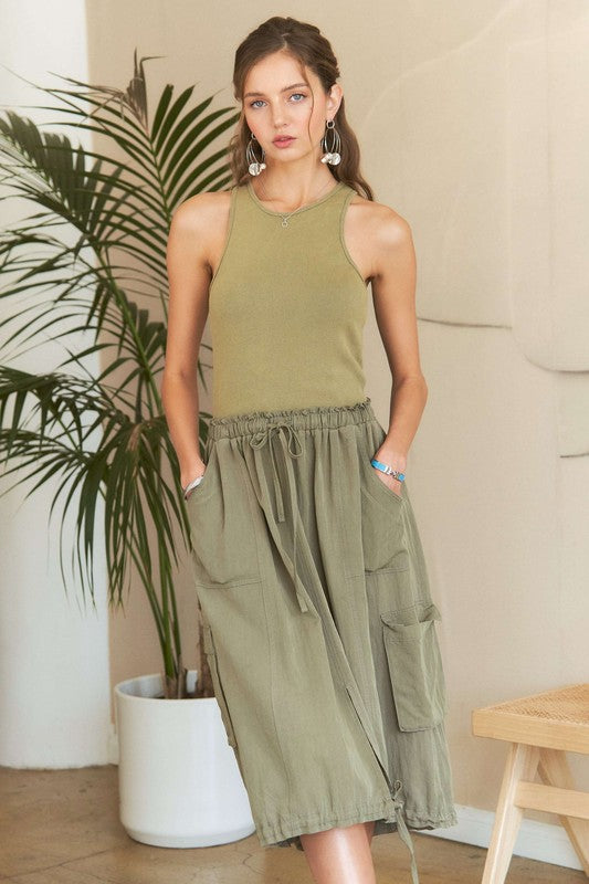 Lt. Olive Drawstring Sleeveless Washed Dress - Tigbul's Variety Fashion Shop