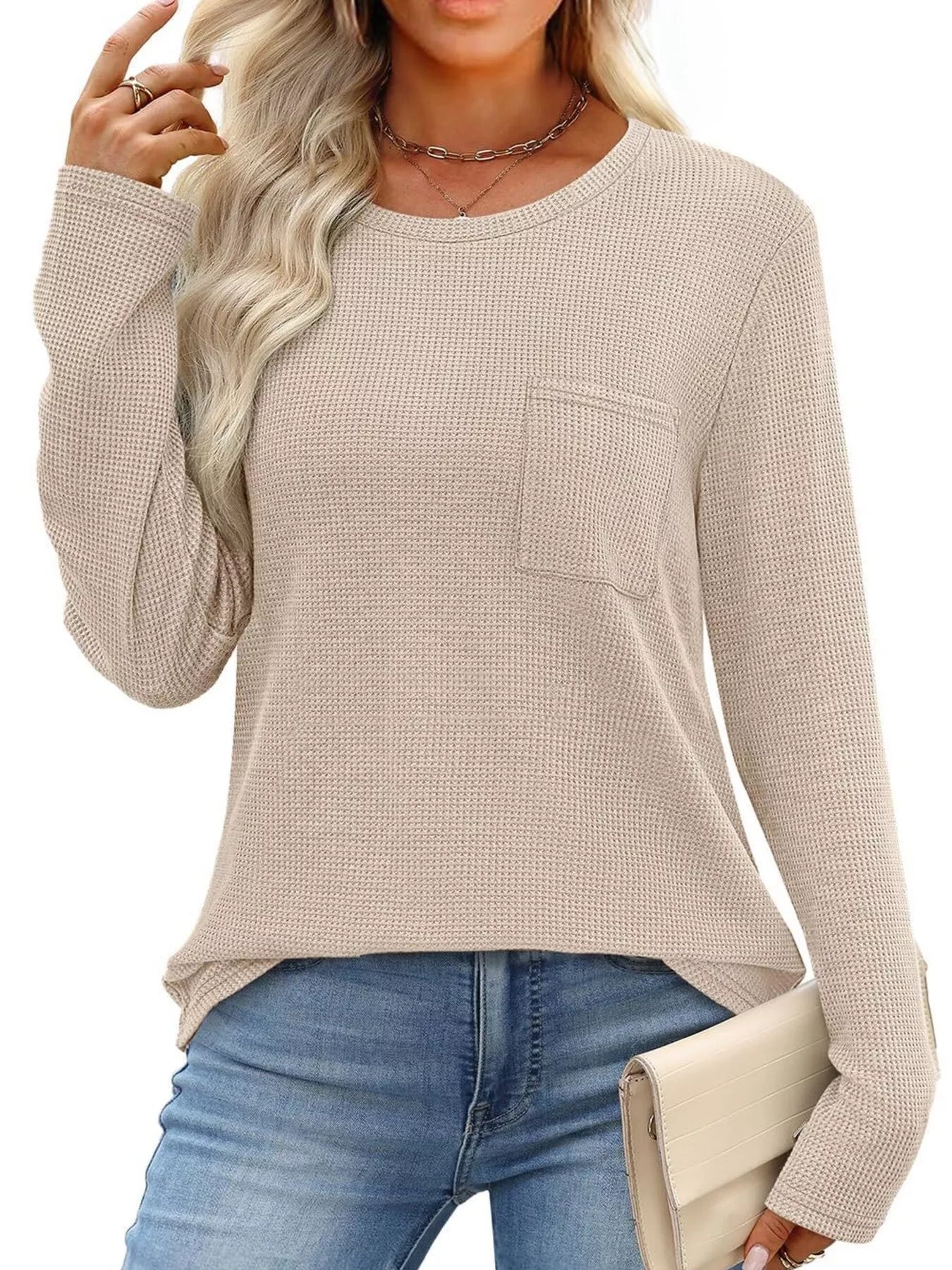 Waffle Knit Long Sleeve Pocket T-Shirt - Tigbul's Variety Fashion Shop