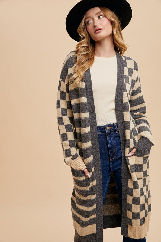Dark Gray Checkered & Striped Open Front Long Sleeve Cardigan - Tigbul's Variety Fashion Shop