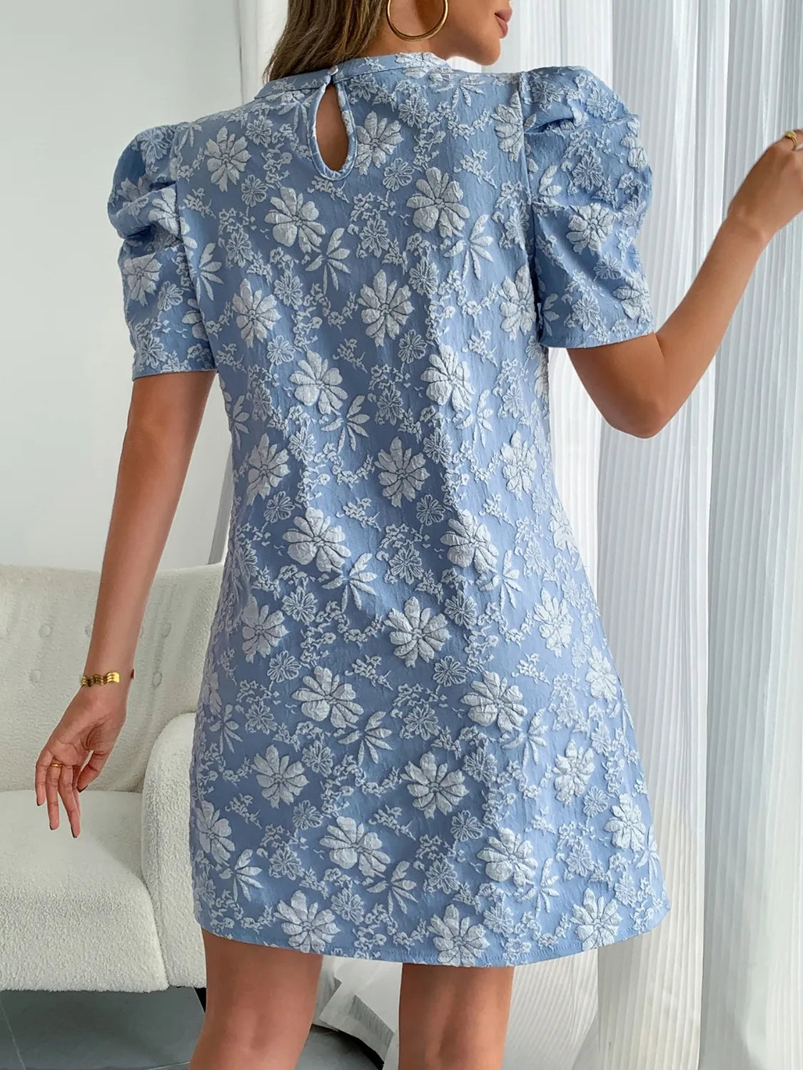Round Neck Puff Short Sleeve Mini Dress - Tigbul's Variety Fashion Shop