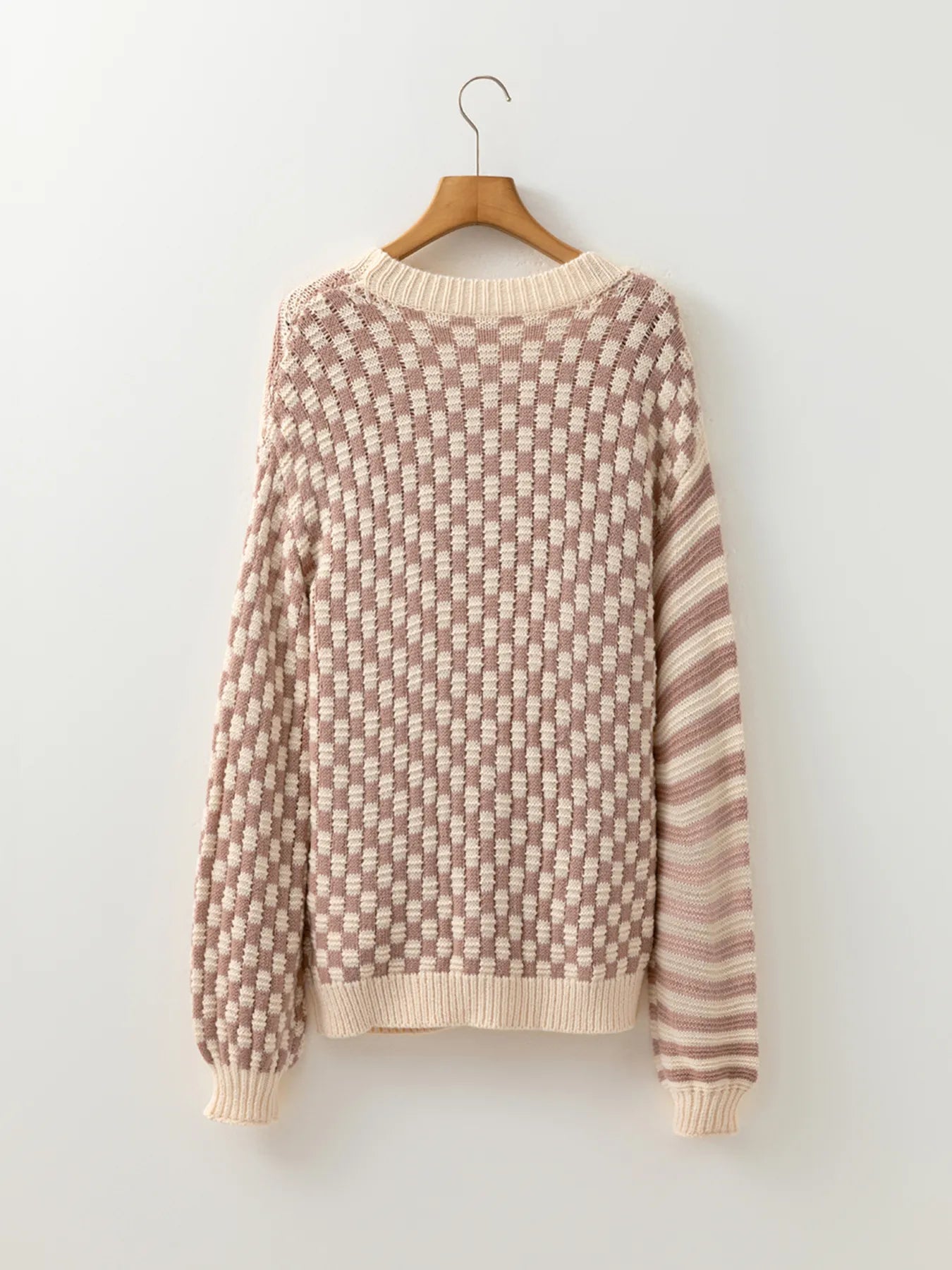Stripe Checkerboard Drop Shoulder Balloon Sleeve Sweater - Tigbul's Variety Fashion Shop