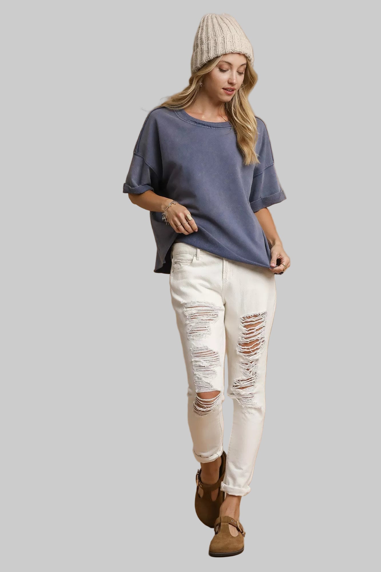 Denim Blue Mineral Wash Round Neck Top - Tigbul's Variety Fashion Shop