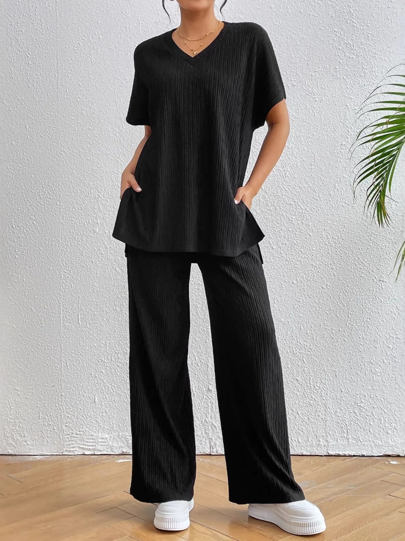 V-Neck Short Sleeve Top and Pants Set - Tigbul's Variety Fashion Shop