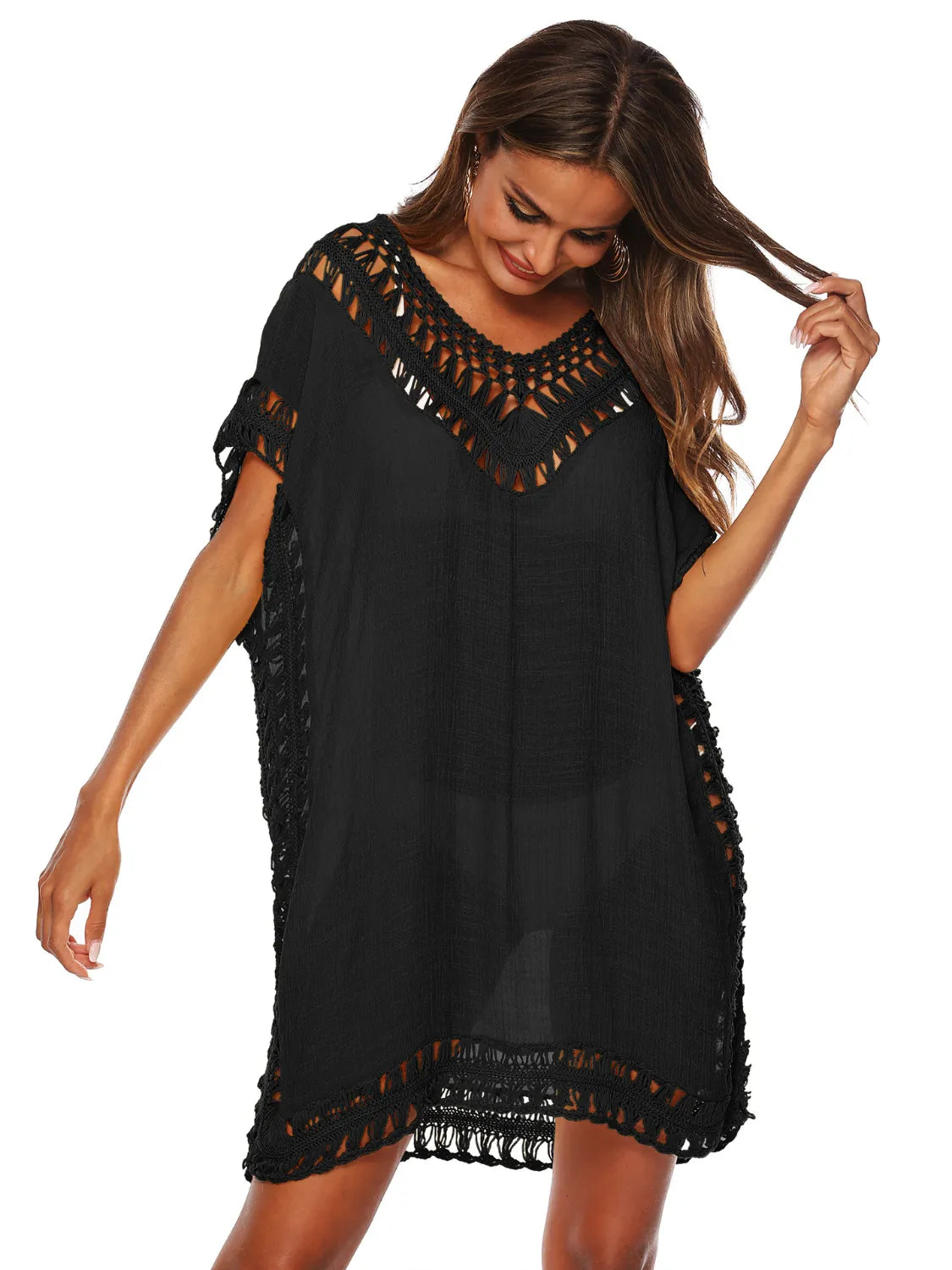 Bohemian Crochet Trim Beach Cover Up Dress - Tigbul's Variety Fashion Shop