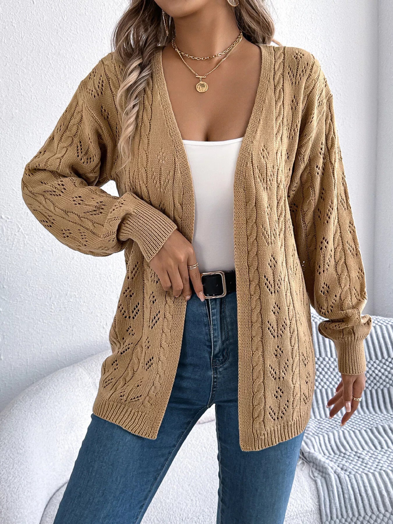 Openwork Open Front Long Sleeve Cardigan - Tigbul's Variety Fashion Shop