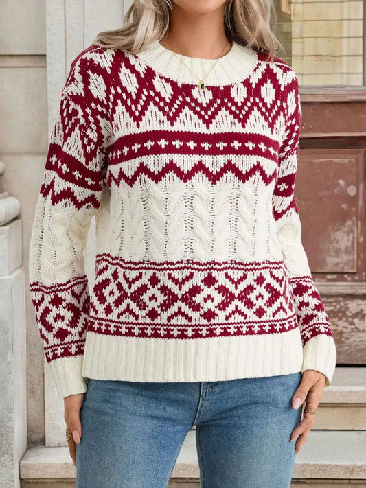 Christmas Cable Knit Long Sleeve Sweater - Tigbul's Variety Fashion Shop
