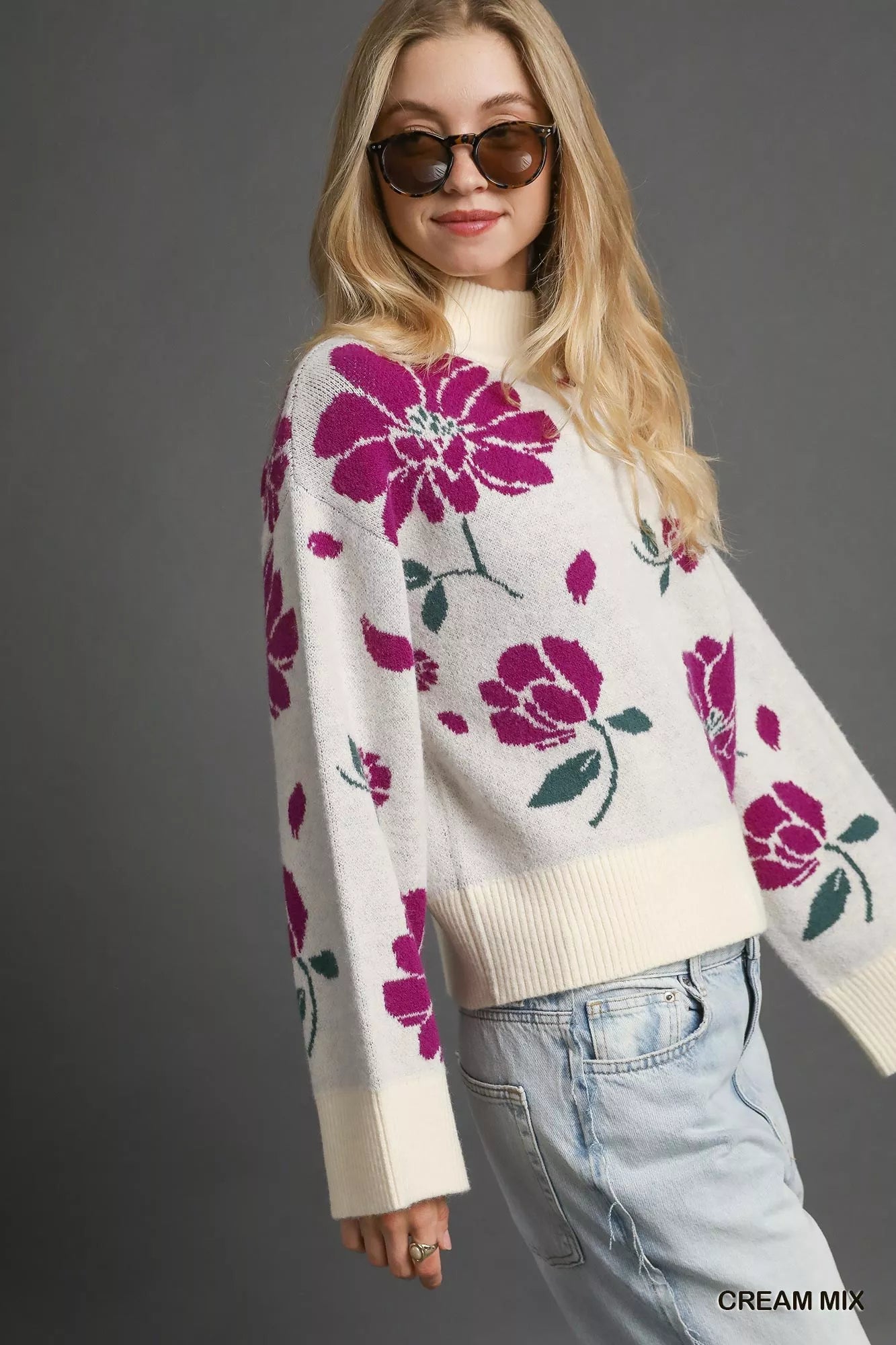 Umgee Floral Patterned Mock Neck Sweater - Tigbul's Variety Fashion Shop
