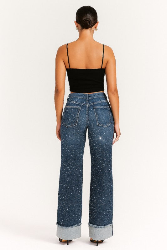 Low Rise Rhinestone Dark Blue Jean Pants with Raw Cuffs Women's - Tigbul's Variety Fashion Shop