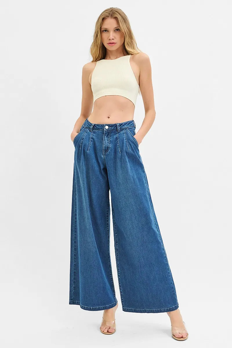 RISEN Mid Rise Fit Wide Leg Knit Denim Look Jeans - Tigbul's Variety Fashion Shop