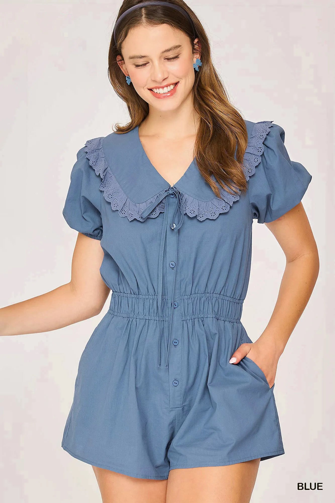 Umgee Collared Short Sleeve Button Down Romper - Tigbul's Variety Fashion Shop