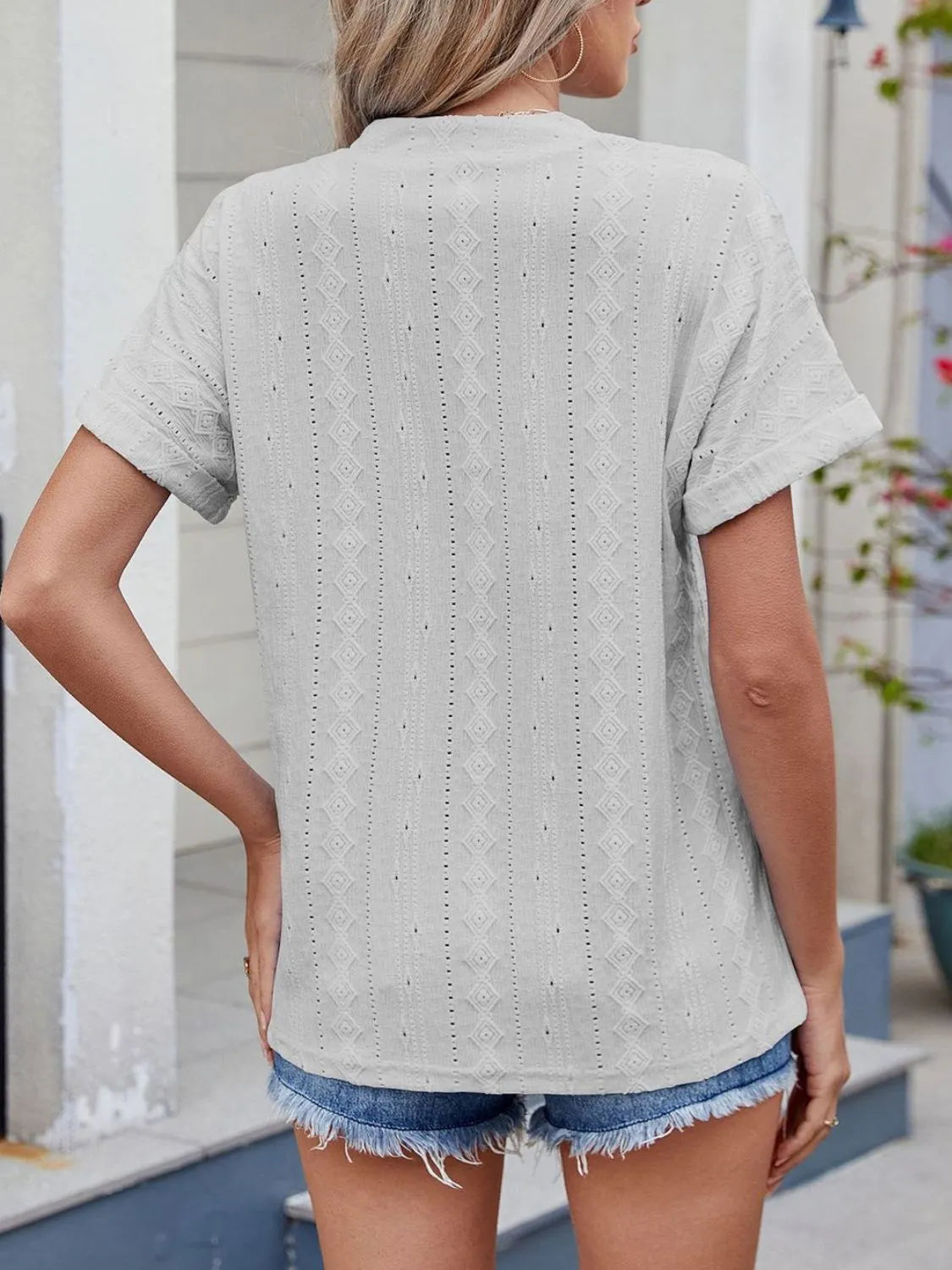 Eyelet Notched Short Sleeve Top - Tigbul's Variety Fashion Shop