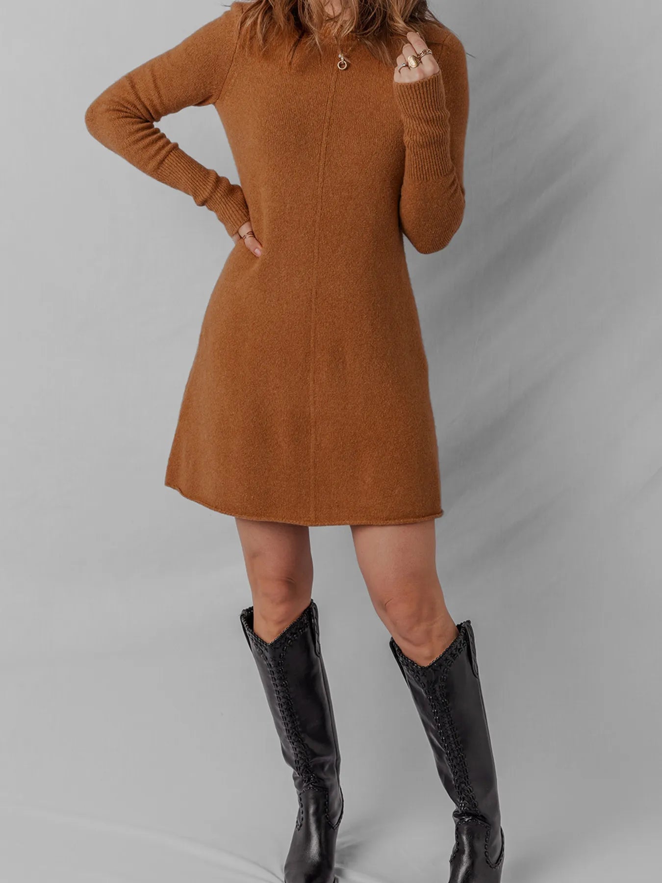 Ribbed Detail Solid Color Mini Sweater Dress - Tigbul's Variety Fashion Shop