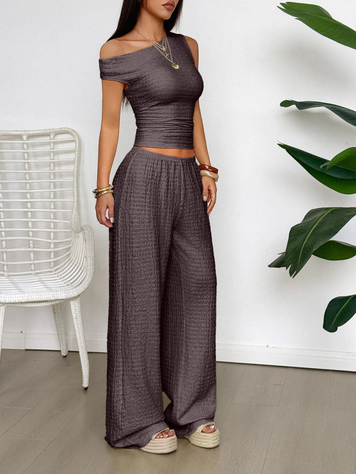One Shoulder Top and Wide Leg Pants Set - Tigbul's Variety Fashion Shop