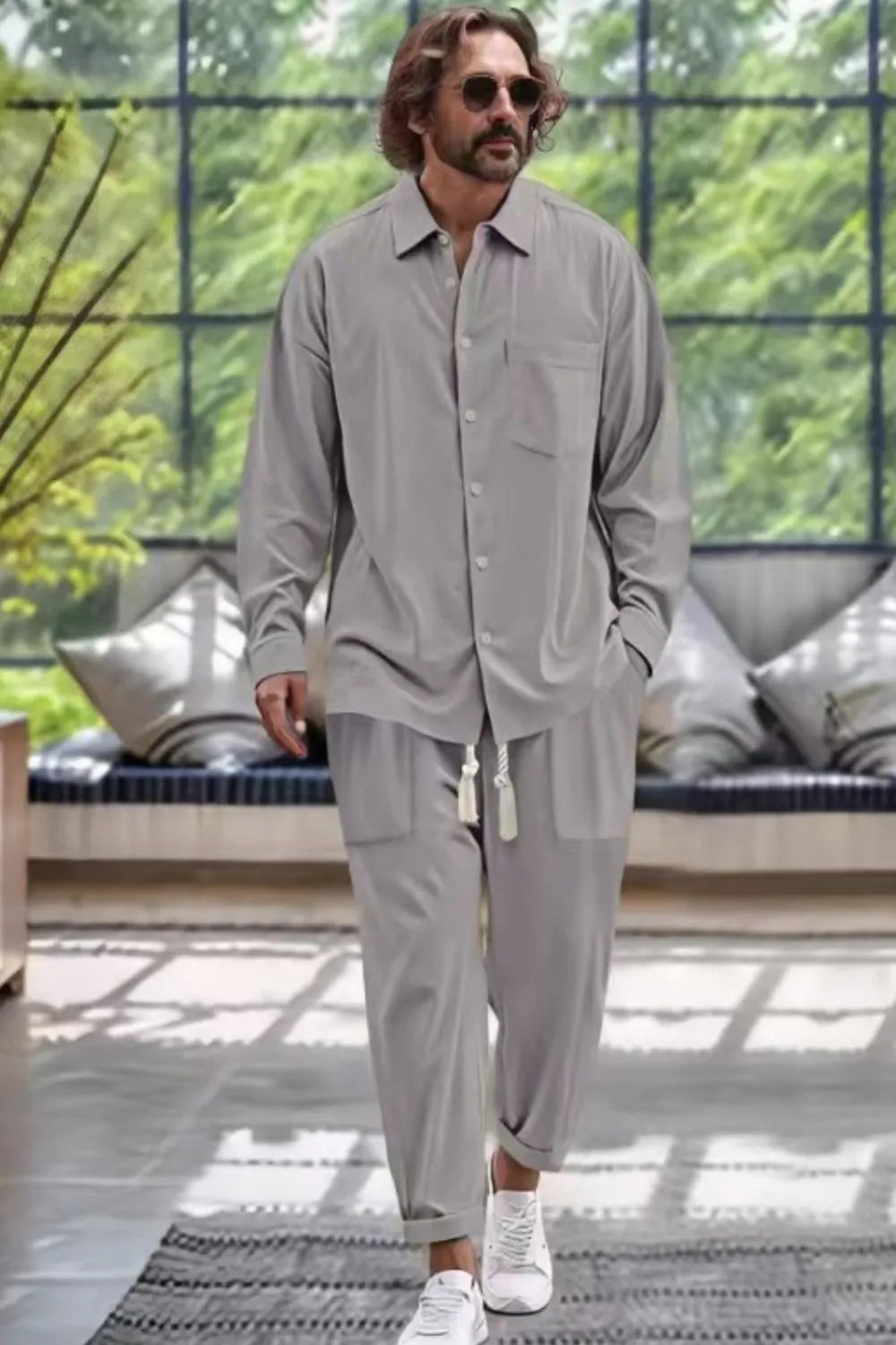 Men's Collared Neck Long Sleeve Top and Pants Set Plus Size - Tigbul's Variety Fashion Shop
