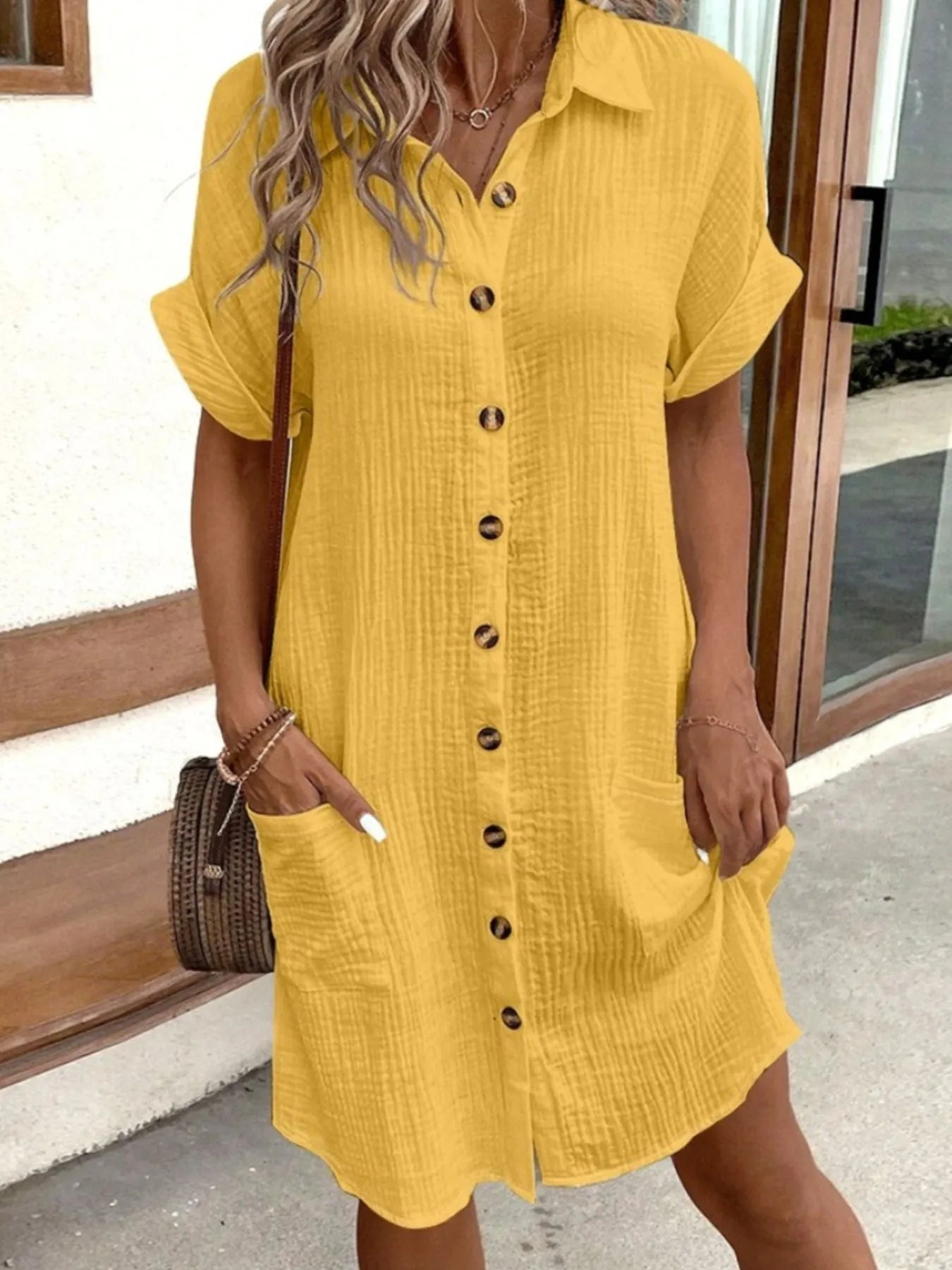 Casual Button Down Cotton Shirt Dress with Pockets - Tigbul's Variety Fashion Shop