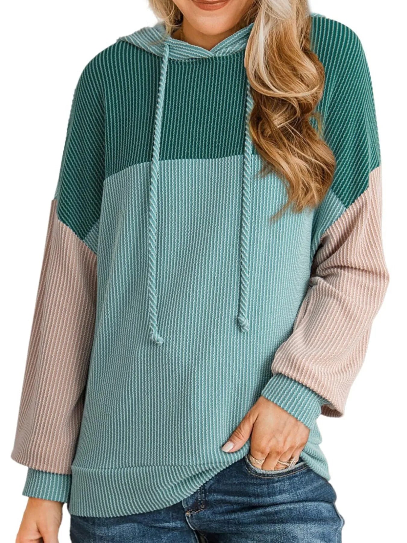 Drawstring Color Block Long Sleeve Hoodie - Tigbul's Variety Fashion Shop