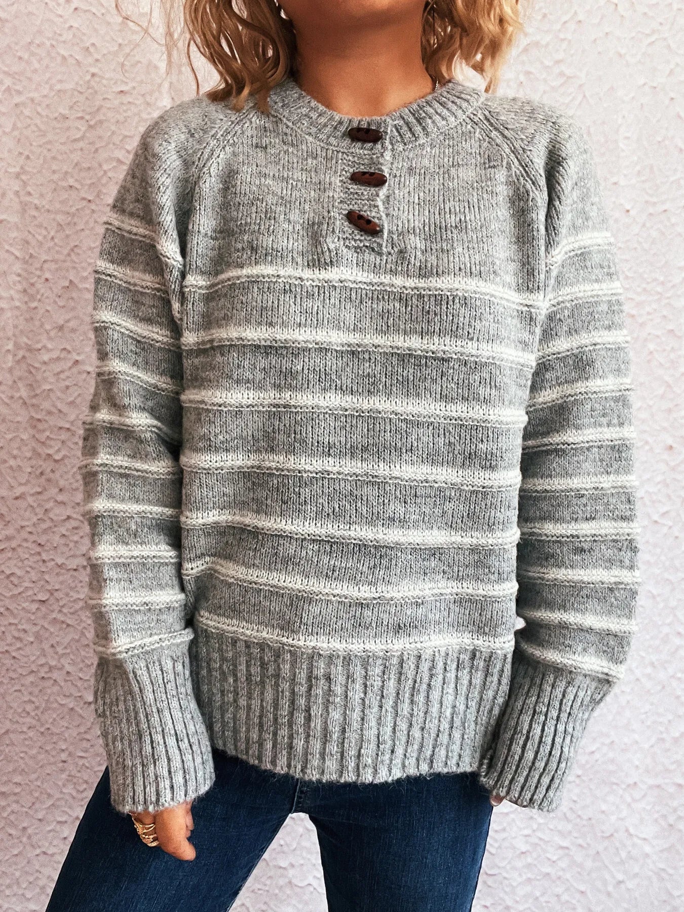 Striped Button Detail Long Sleeve Sweater - Tigbul's Variety Fashion Shop