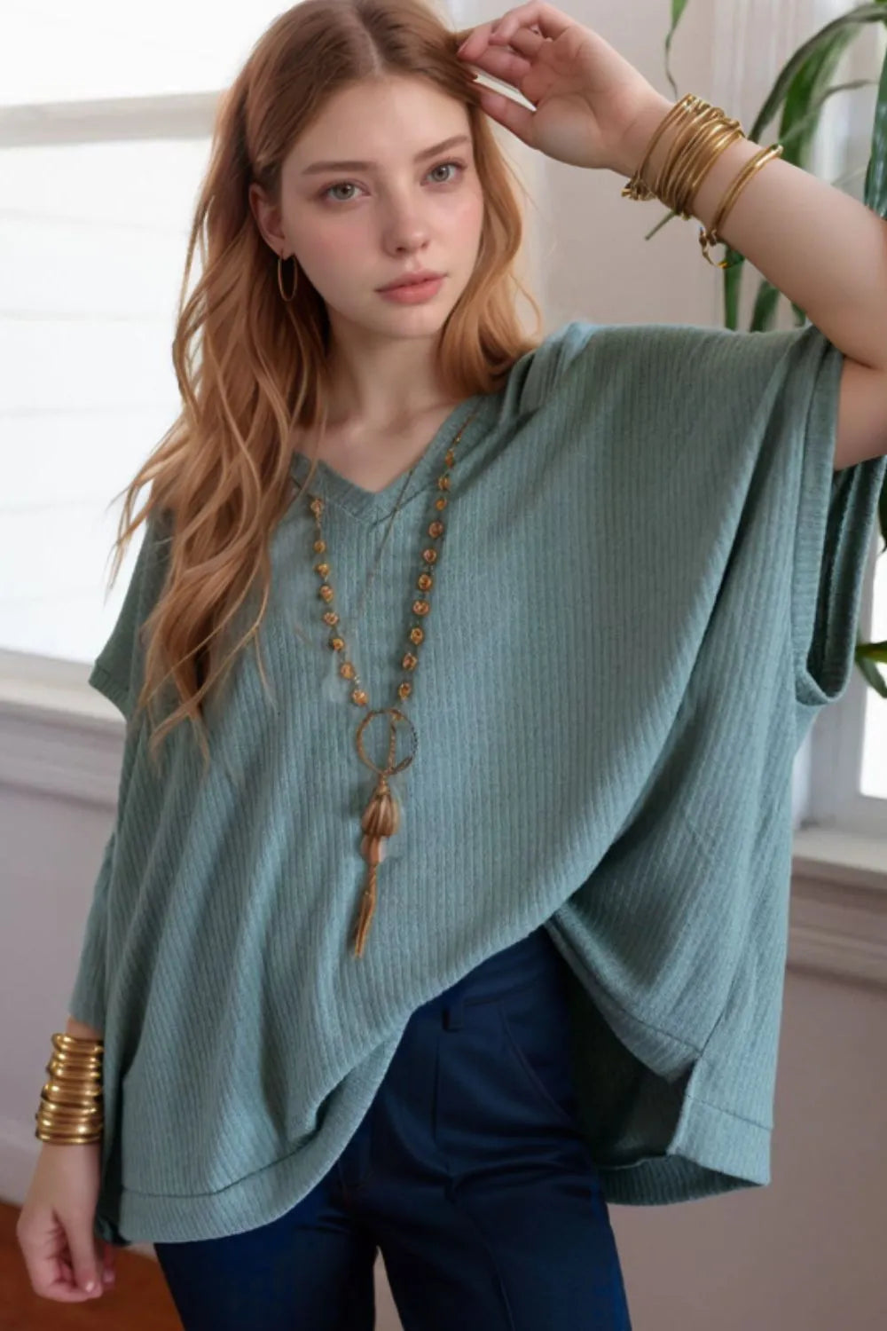 Blue Oversized Ribbed Knit V Neck Dolman Short Sleeve Top - Tigbul's Variety Fashion Shop
