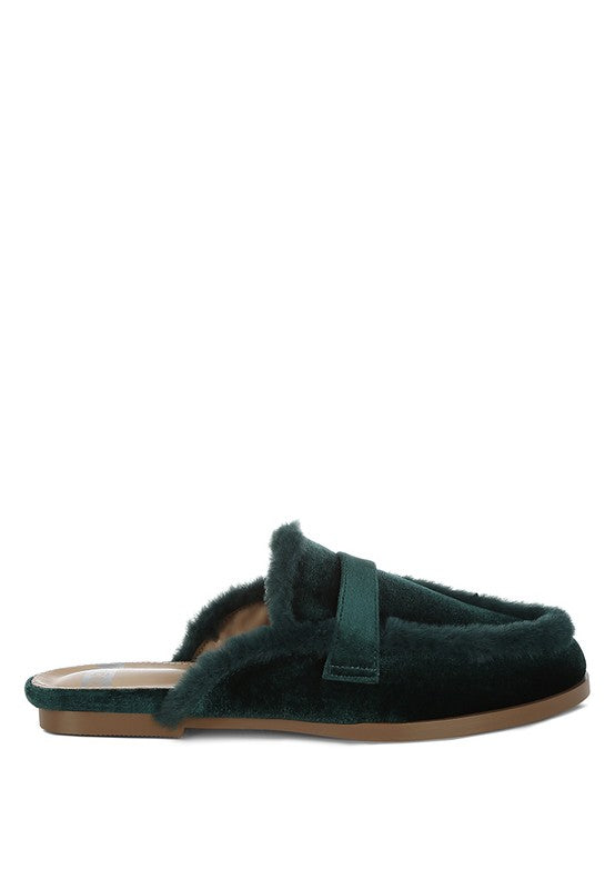 Seyhan Fur Detail Velvet Slip-On Mules - Tigbul's Variety Fashion Shop