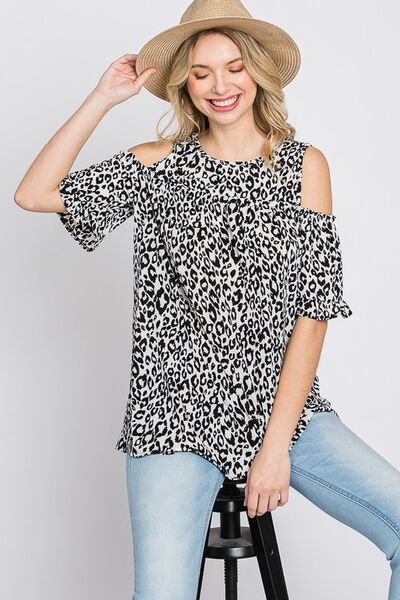 Ivory/Black Leopard Round Neck Cold Shoulder T-Shirt Plus Size - Tigbul's Variety Fashion Shop
