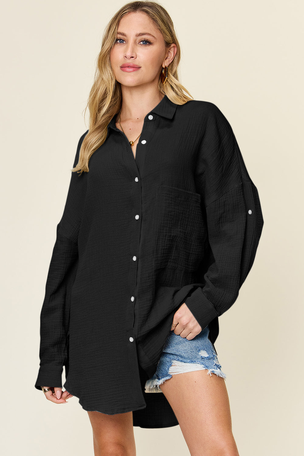 Pocketed Texture Button Up Shirt - Tigbul's Variety Fashion Shop