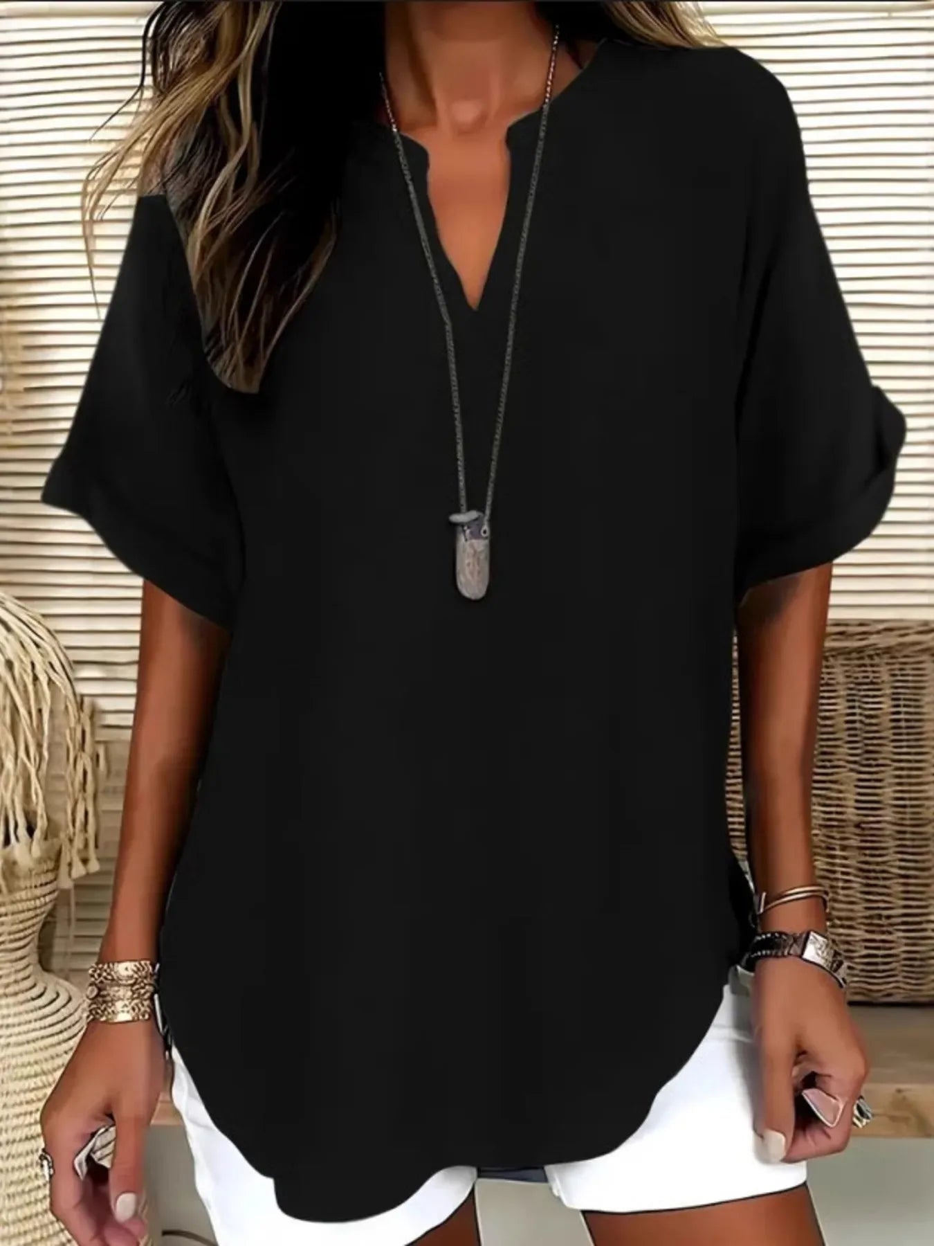 Casual Notched Short Sleeve Blouse - Tigbul's Variety Fashion Shop