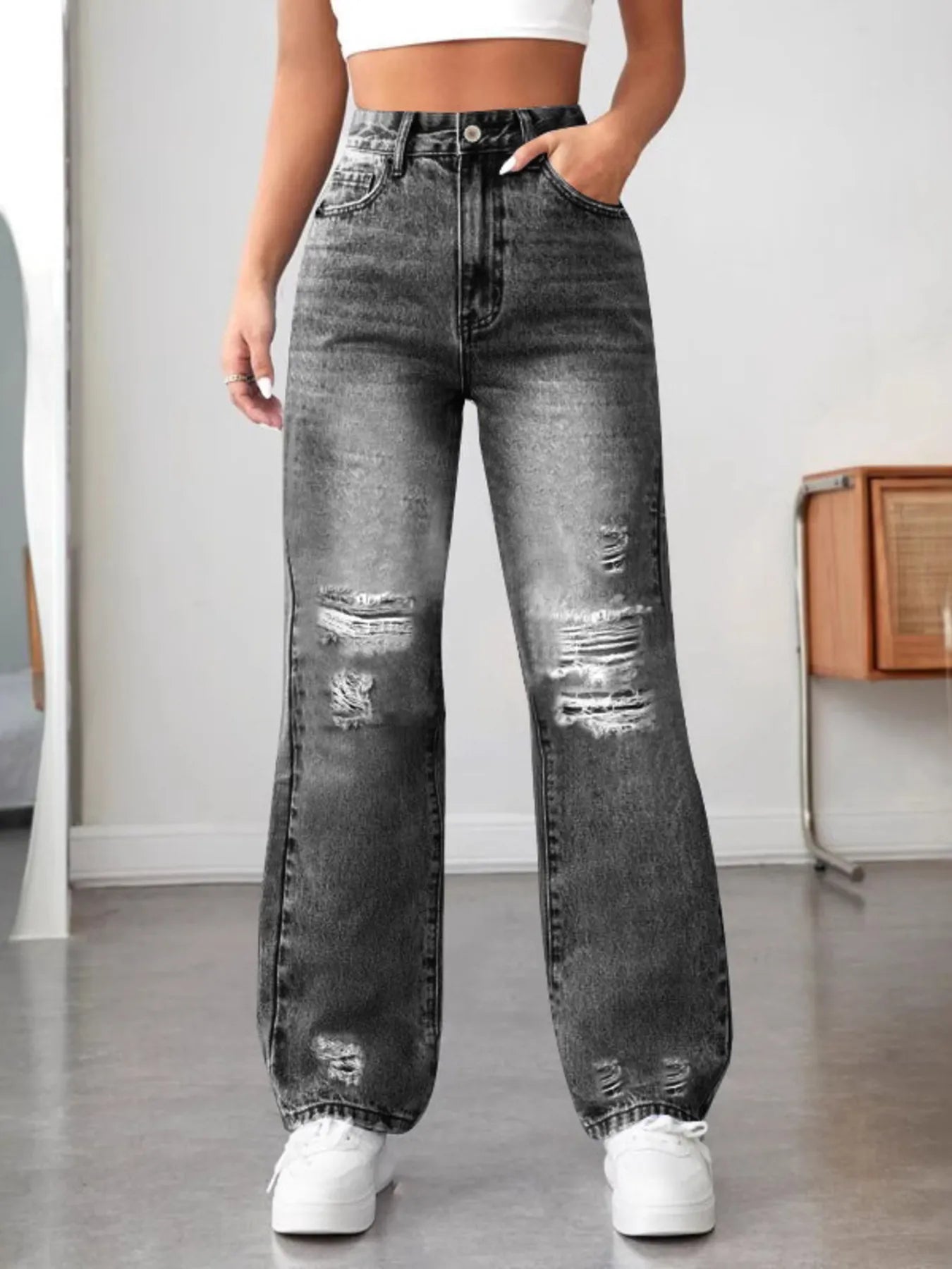 Distressed High Waisted Jeans - Tigbul's Variety Fashion Shop