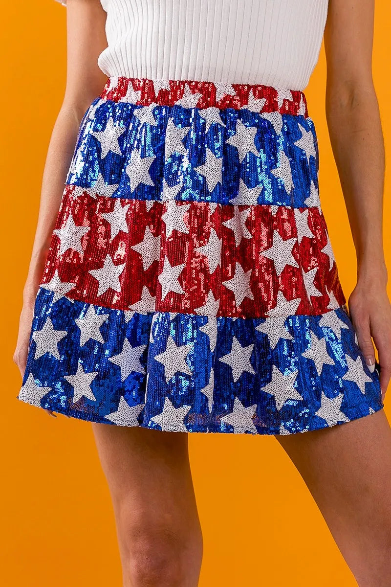 American Flag Theme Star Sequin Tiered Skirt - Tigbul's Variety Fashion Shop