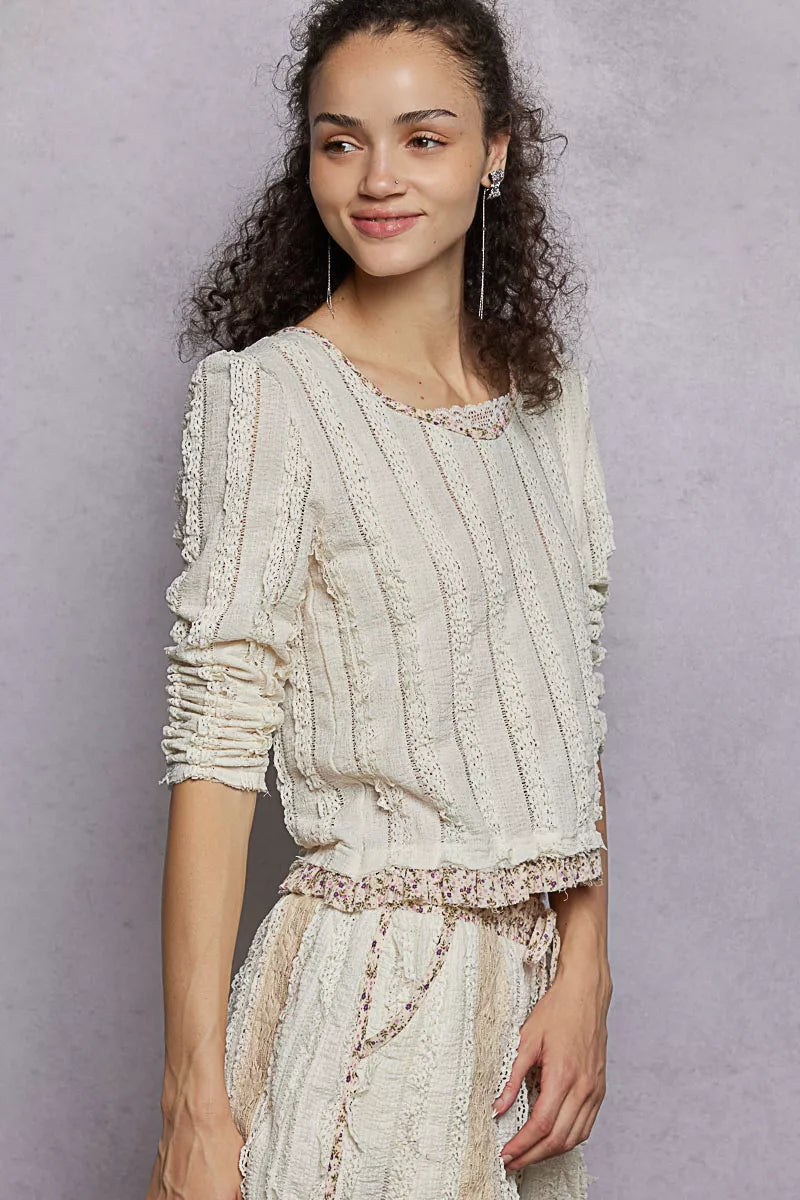 POL Texture Long Sleeve Blouse with Floral Ruffled - Tigbul's Variety Fashion Shop