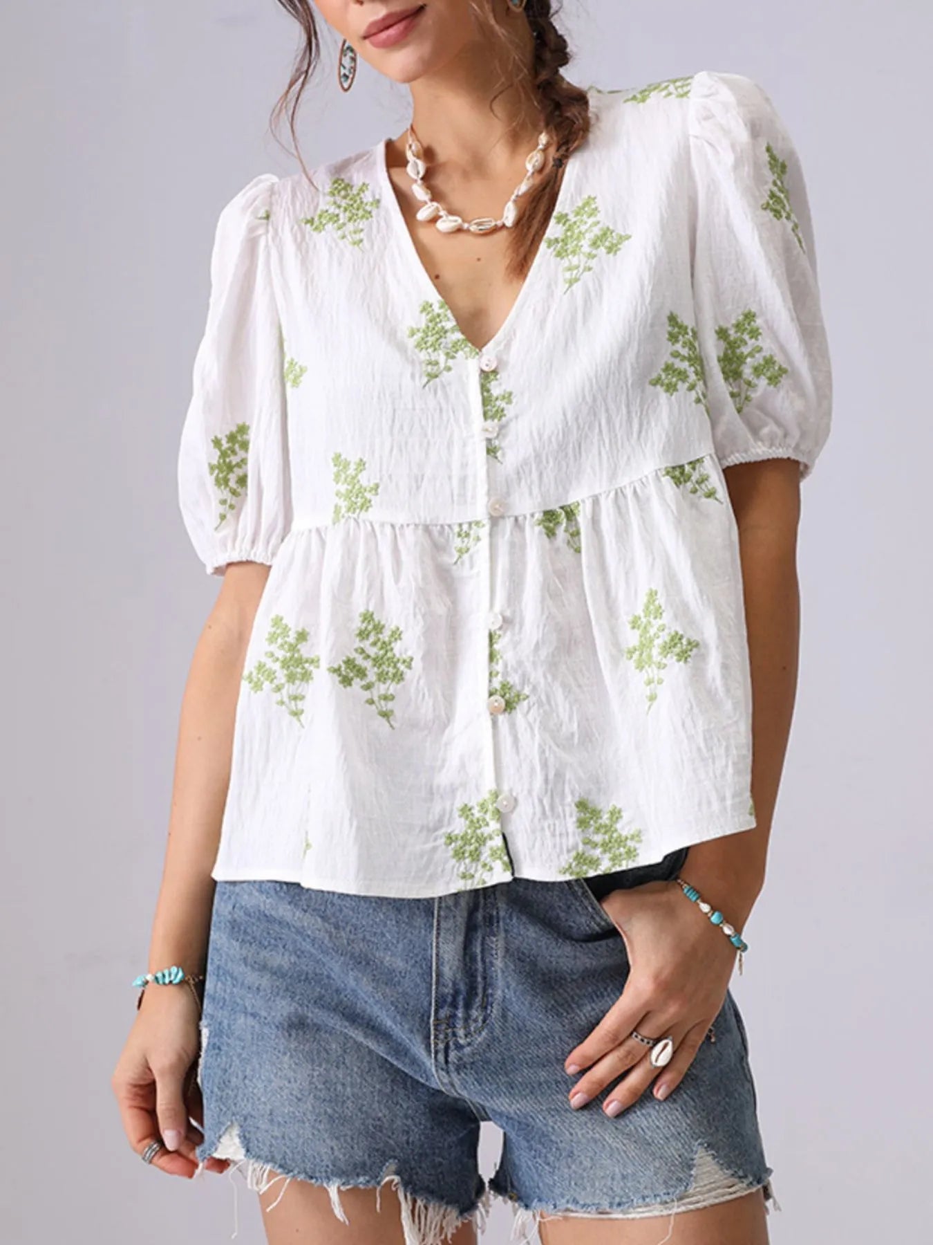 Embroidered V-Neck Puff Sleeve Peplum Blouse - Tigbul's Variety Fashion Shop
